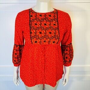Womens M Red Calico Blouse Cottage Core Button Back Peplum Balloon Sleeve